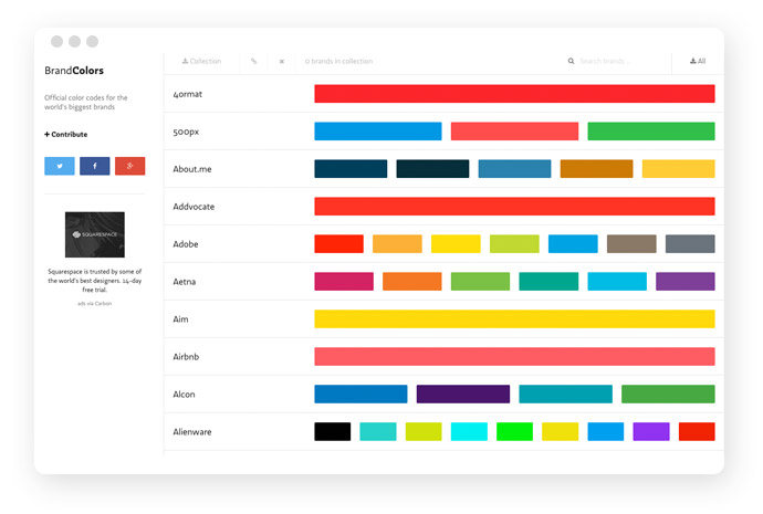 brandcolors.net listet die Farbcodes der großen internationalen Unternehmen auf.