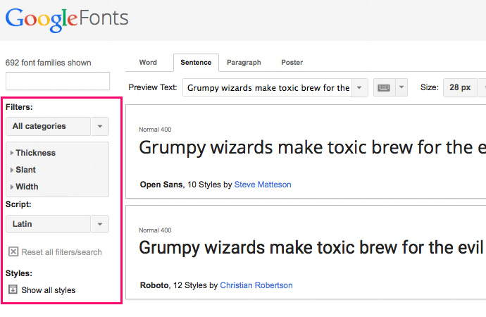 Google Fonts FIlter