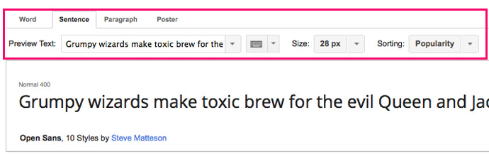 Google Fonts Sortiermöglichkeiten