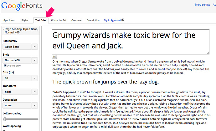 Google Fonts Test Drive