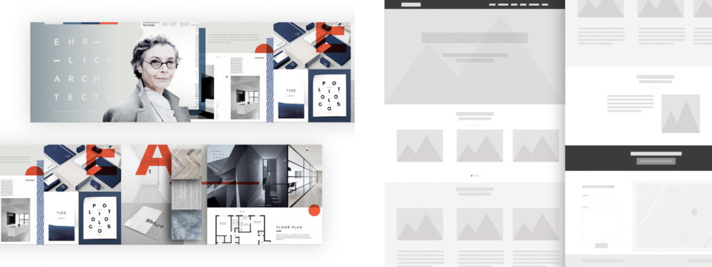 Eine tolle Kombination: Stylescapes geben die Designrichtung vor und Wireframes (rechts) die Inhaltsstruktur.