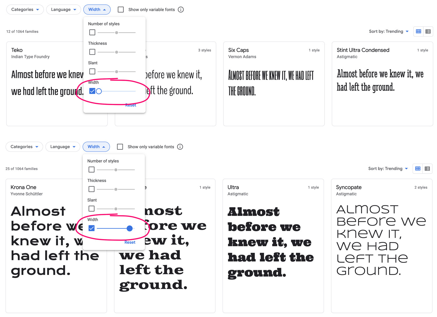 Filter der Buchstabenweite bei den Google Fonts