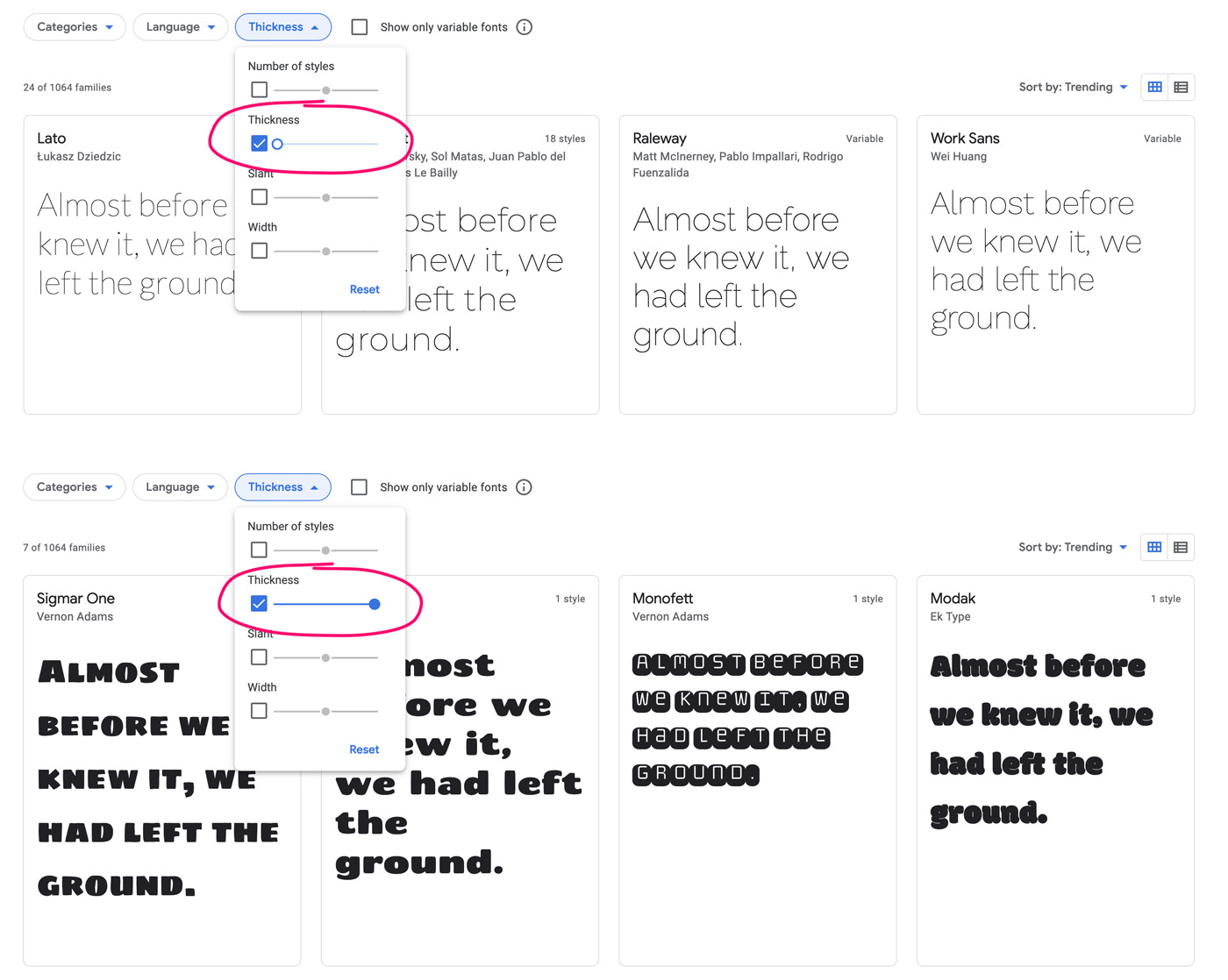 Filter der Strichstärke bei den Google Fonts