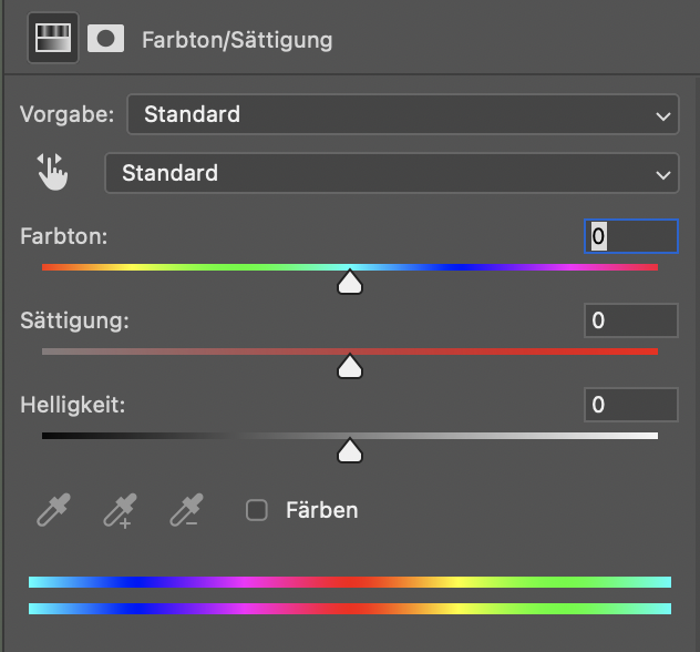 Einstellungsebene in Adobe Photoshop. Die drei Farbwerte Farbton, Sättigung und Helligkeit lassen sich per Regler verändern.